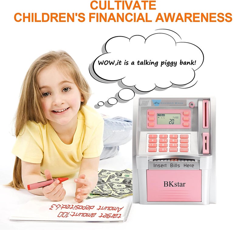 BKstar Kids Talking Pink ATM Piggy Bank with Debit Cards, Power-Off Memory, Auto-Opening Drawer for Real Money for Girls, Onekey Shutdown, Bill Feeder, Coin Recognition, Balance Calculator Machine - Image 5